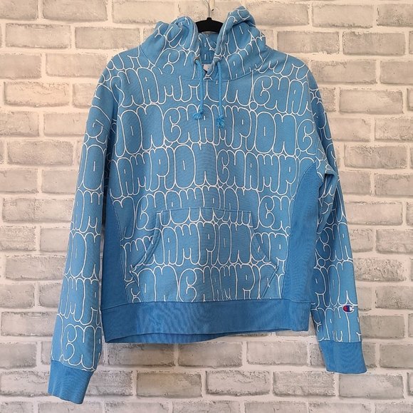 Champion Reverse Weave Hoodie Womens Large Blue Bubble Letter All Over Logo Y2K - Picture 1 of 8